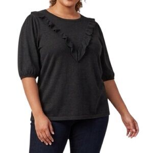 J.Crew Ruffle V-Detail Puff Sleeve Top 100% Cotton Black Knit Blouse - Size 2X